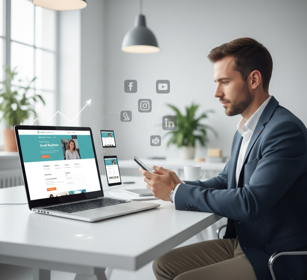 Small business websites (responsive design on laptop) compared to social media icons on a phone, emphasizing ownership and digital marketing control.