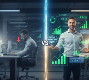 Dramatic split-screen image showing a stressed small business owner with zero leads (left side, muted colors) transforming into a high-growth brand (right side, vibrant blue/green) powered by a digital marketing agency for small businesses, featuring glowing SEO, PPC, and lead conversion dashboards.