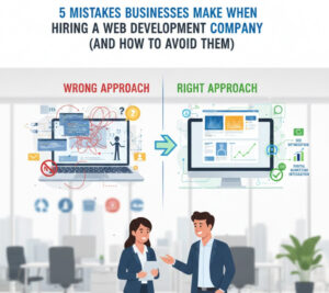 Feature image showing a split-screen visual of the 'Wrong Approach' (messy code) versus the 'Right Approach' (clean strategy and SEO analytics) for the article "5 Mistakes Businesses Make When Hiring a **Web Development Company** and How to Avoid Them.