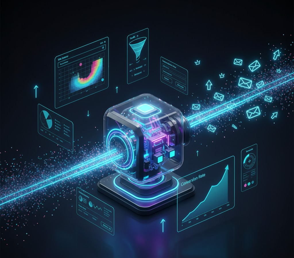 Conversion optimisation: Futuristic dashboard showing digital lead machine processing traffic into leads, with rising analytics charts, high-performance conversion rate graphs, an electronic funnel, and floating UI/UX cards for data-driven website strategy.